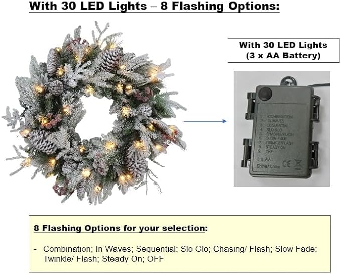Large 28" D Pre-lit Christmas Snowy Artificial Pine Wreath w Super Big Pinecones, Succulents (35 LED Lights, 8 Flash Options) for Xmas Decor at Shop Home Front Door Living Room Wall Window (Battery)