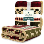 PAVILIA Premium Christmas Sherpa Throw Blanket, Green Red Cabin Design with Reindeer Print, Ultra Soft Reversible Fleece & Sherpa 50x60 Cozy Winter Blanket, Cozy Christmas & Holiday Decor