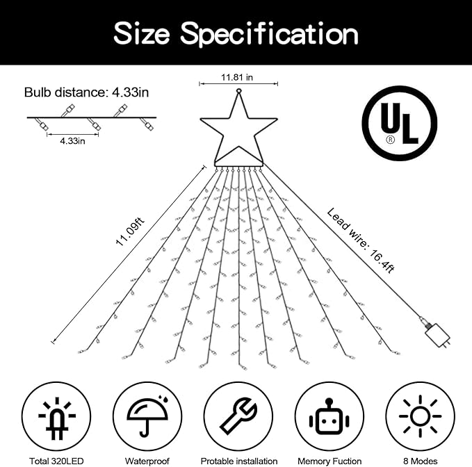 Christmas String Lights Outdoor Decoration 317 LED Star Fairy String Lights 8 Modes & Waterproof for Party Wedding Patio Yard New Year Holiday Indoor Outdoor - Warm White