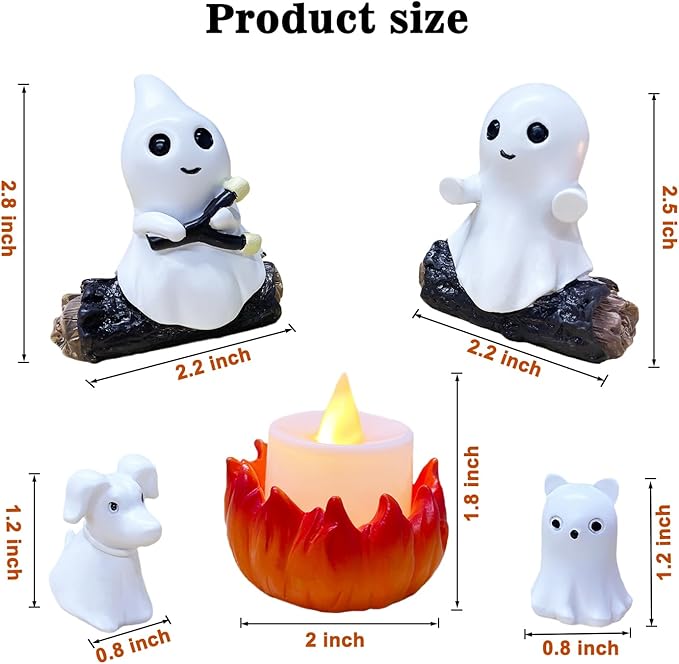 SOMITO 2025 Ghost Campfire Nightlight, Spooky Ghost Halloween Decorations Indoor, Cute Halloween Ghost Figurine, Funny Halloween Decor for Home Mantel Tabletop Party (with Cat and Dog)