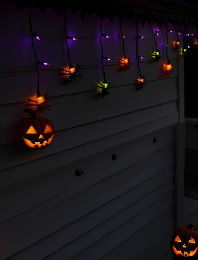 7Ft Halloween Spider String Lights, Halloween Decorations Lights with 10 LED Colorful Spider Lights 15 Mini Purple Bulbs, Hanging Fairy Lights for Outdoor Curtain Garden Porch Bar Party Bedroom Decor