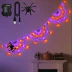 FFZZKJ Halloween Decorations Spider Web Lights 6FT 60LED Battery Operated/USB Powered with Black Spider with Timer 8 Modes Indoor Outdoor for Halloween Decor, Orange&Purple