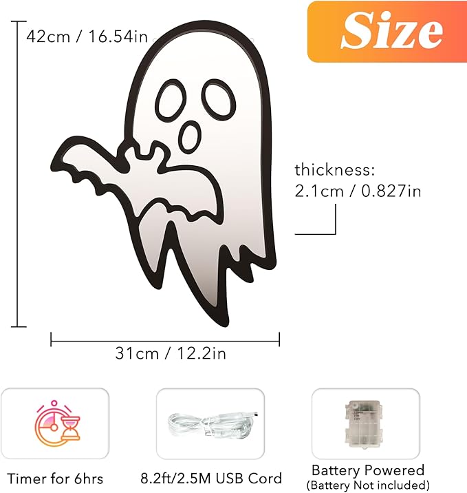 Halloween Ghost Night Lights, 3D Infinite Mirror Ghost Light with Bat, 12.2" x 16.54" LED Lighted Halloween Indoor Decoration for Kids Party Windows Doors Walls, Battery/USB & Plug-in Lights Sign