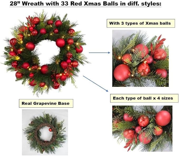 BIG 26" D Pre-lit Christmas Ornament Artificial Pine Wreath w 33 Red Balls Real Grapevine Base (35 LED Lights, 8 Flash Options) for Xmas Decor at Shop Home Front Door Living Room Wall Window (Battery)