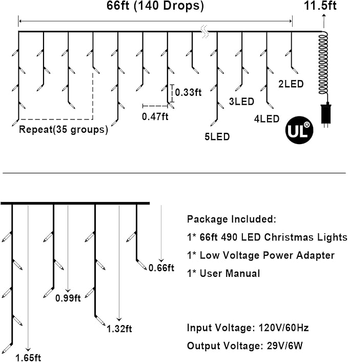 66 FT LED Christmas Lights with 140 Drops, 490 LED Indoor Outdoor Christmas Decorations, 8 Lighting Mode Waterproof Fairy Lights with Timer for Xmas Holiday Wedding Yard Party Cool White