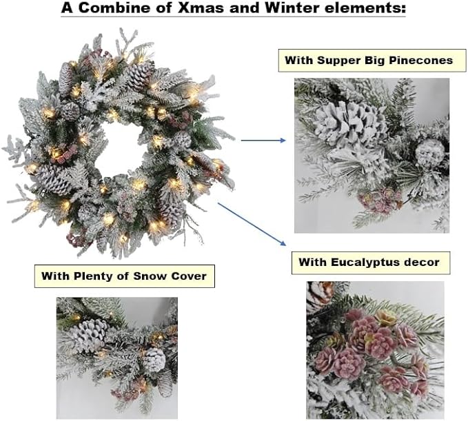 Large 28" D Pre-lit Christmas Snowy Artificial Pine Wreath w Super Big Pinecones, Succulents (35 LED Lights, 8 Flash Options) for Xmas Decor at Shop Home Front Door Living Room Wall Window (Battery)