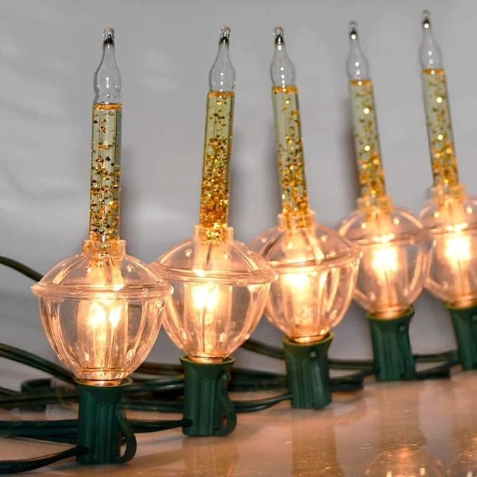 8.8Ft Vintage Christmas Bubble Lights, Outdoor Tree Lights with 10 Gold Glitter Bulbs, C7/E12 Candelabra Base, 5W String Lights with Gold Liquid Great for Indoor Xmas Celebrations Decorations