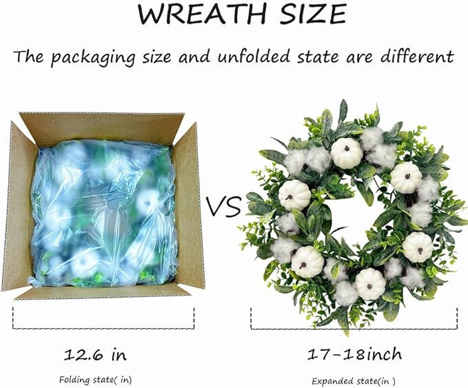 18 Inch Thanksgiving Fall Wreath for Front Door, Autumn Artificial Wreath with White Pumpkin, Cotton, Greenery Leaves for Farmhouse Home Window Wall Office Wedding Indoor Outdoor Decorations