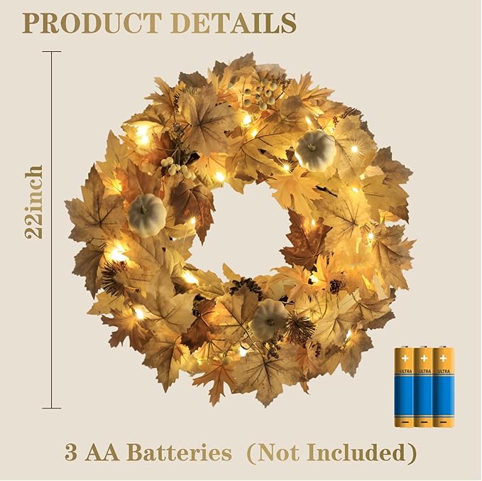 Realistic Fall Wreath with Lights, 22" Fall Wreaths for Front Door with Pumpkins Fall Leaves Berries Pine Cones,Autumn Wreath Fall Decorations for Home Thanksgiving Halloween Decorations for Wall Door