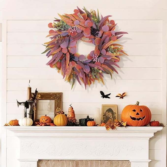 Fall Wreaths for Front Door 24 Inch, Outdoor Wreaths with Artificial Willow Leaves and Berries, Autumn Wreath for Front Door Indoor Wall Window Farmhouse Thanksgiving Halloween