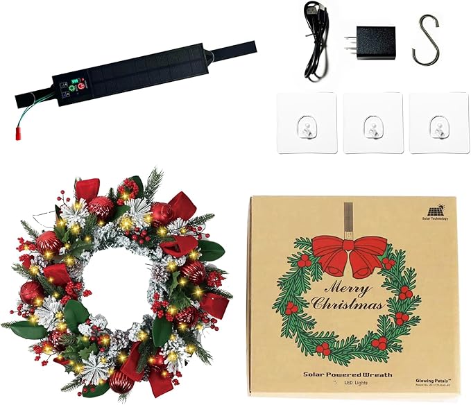 Solar Christmas Wreath 28 Inch Pre-Lit Solar 50 Led Artificial Wreath Outdoor Front Door Window Christmas Decorations with Frosted Branches Pine Cones Red Velvet Bows Balls (2809)