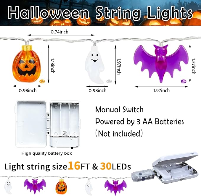 Halloween Fairy Lights,Waterproof Pumpkin Bat Ghost Battery Powered Lights, 16ft 30LEDs with Remote Control, String Light for Windows, Indoor Outdoor Decorations, Halloween Party Decorations