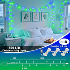 500 LED Christmas Lights Outdoor 165FT Connectable String Lights Indoor 8 Modes Clear Wire Plug in Waterproof Twinkle Fairy Lights for Bedroom Christmas Tree Party Decorations, Blue&Green