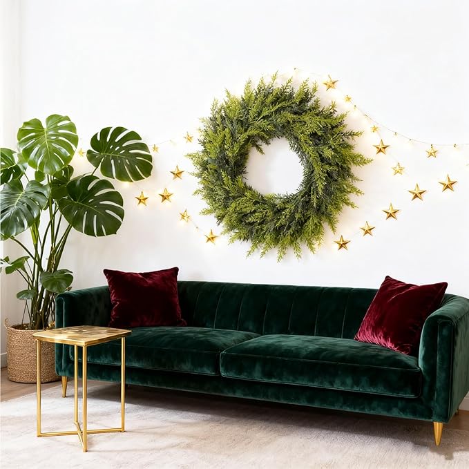 Real Touch Artificial Cedar Wreath 24" Fake Christmas Wreaths for Front Door Faux Pine Greenery Wreaths for Home,Window,Table,Mantle,Wall,Indoor,Outdoor Xmas Decorations
