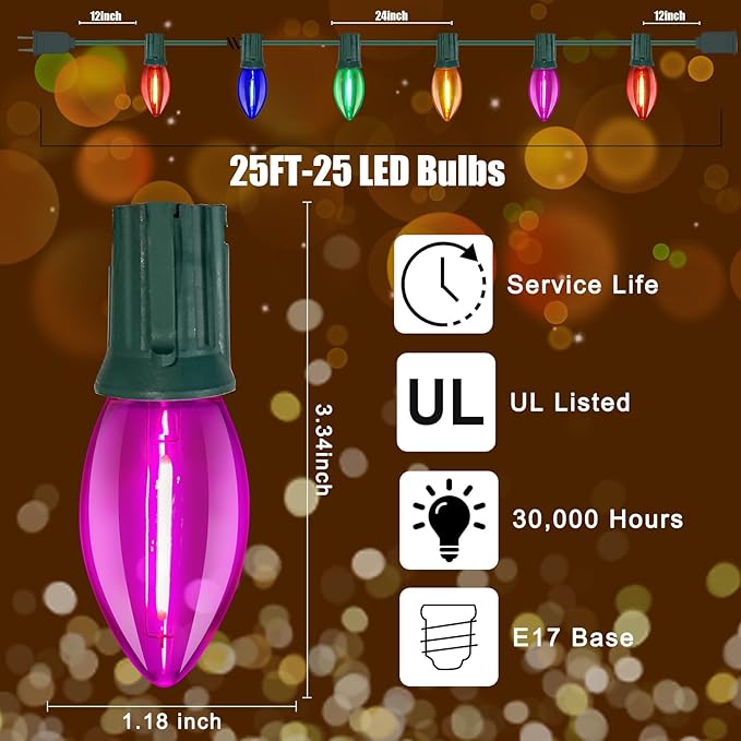 C9 LED Christmas Lights Outdoor,25FT Multicolored Christmas Lights with 26 Colorful Clear Multicolor LED Bulbs,Connectable Old Fashioned Xmas light for Garden Patio Xmas Tree Party Home Decor