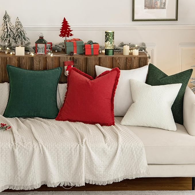 MIULEE Christmas Decorative Throw Pillow Covers Neutral Linen Fringe Throw Pillows Euro Shams Set of 2 Red Boho Farmhouse Cushion Covers with Tassels for Couch Sofa Bed Living Room Decor 24x24 Inch