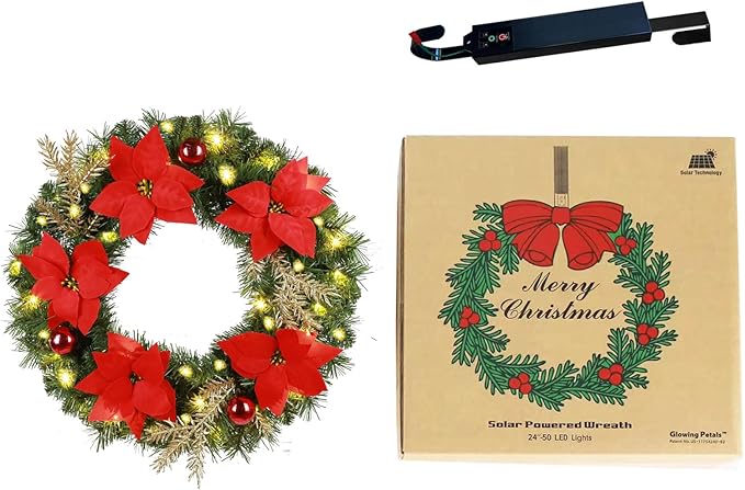 Solar Christmas Wreath 24 Inches Pre-Lit Solar 50 Led Artificial Lighted Wreath for Front Door Window Home Decor Outdoor Christmas Decor Poinsettias Golden Pine Branches Balls(2403)