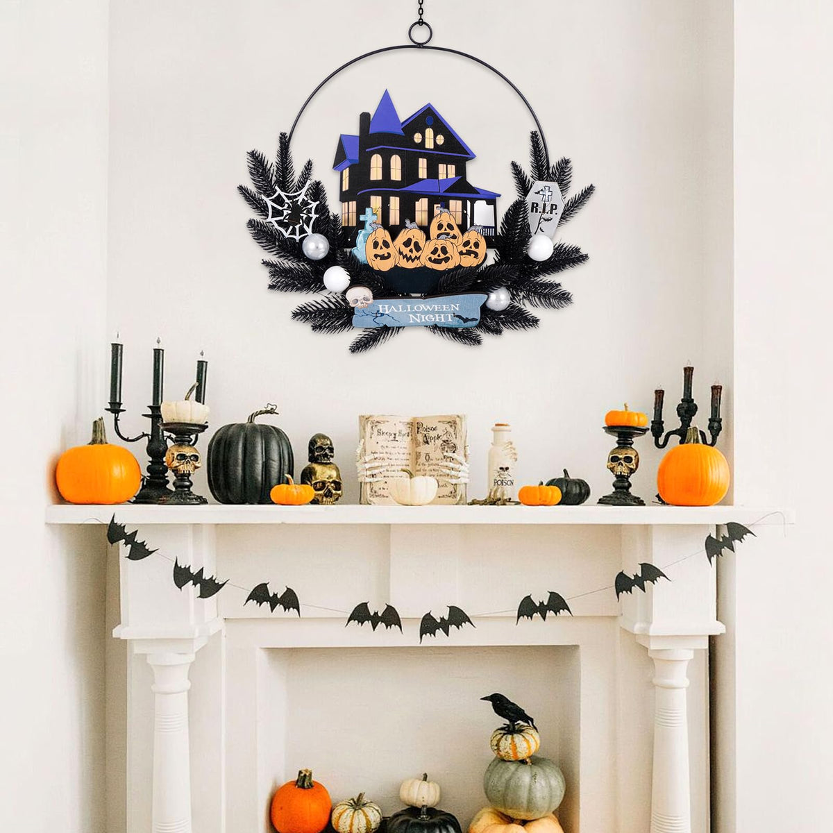 30 LED Lighted Pumpkin Halloween Decoration Wreath for Front Door, Welcome Metal Wooden Hanging Sign Door Wreath Decor, Battery Operated Indoor Outdoor Halloween Wall Decor