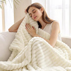 decorUhome Christmas Soft Fleece Cream White Throw Blanket for Couch, Cozy Fluffy Plush Flannel Striped Blanket for Sofa Bed, Lightweight Decorative Ribbed Fuzzy Blanket for Woman, 50x60 Inches