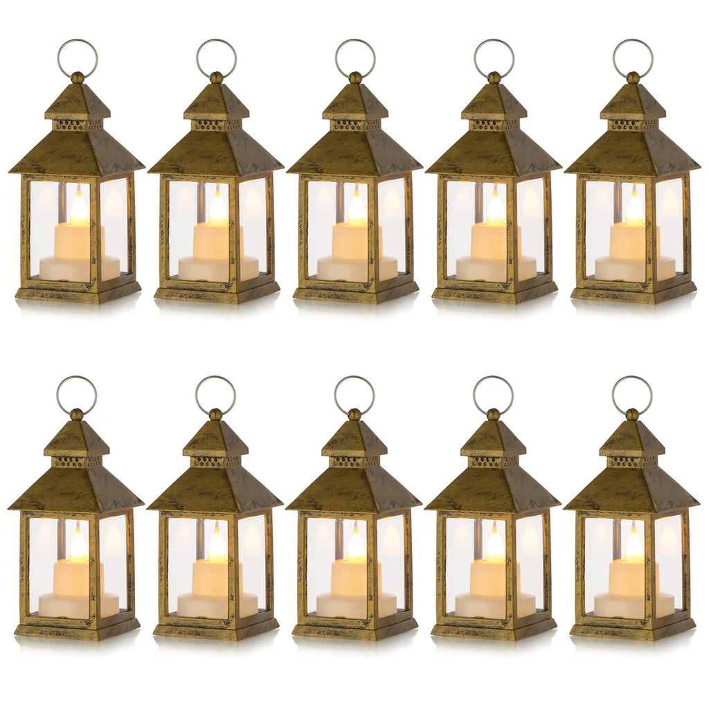 Romadedi Mini Lanterns Decorative for Centerpiece -10 PCS Hanging Small Gold Lantern Bulk with Flickering LED Candles for Wedding Table Decor Halloween Decorations Christmas, Batteries Included