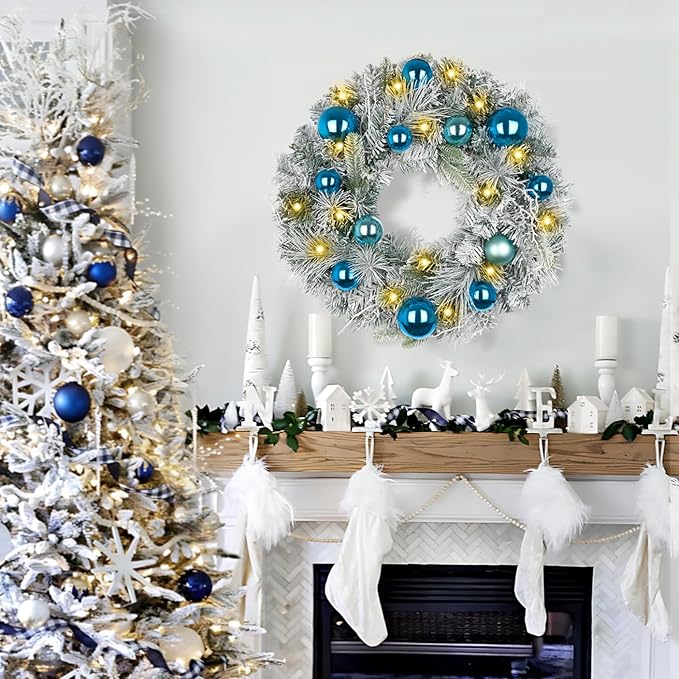 24 inch Christmas Wreath,Winter Pine Wreaths with Blue Ball LED Lights for Front Door for Fireplace Xmas Decorations, Wall Window Indoor Outdoor Decor