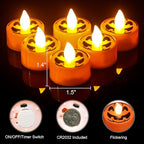 Halloween Tea Lights Candles with 6H Timer, Pumpkin Flameless Candles with Ghost Face Flickering, LED Candles Battery Operated 12 Pack Φ 1.5" H 1.4" for Fall Halloween Decorations
