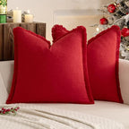 MIULEE Christmas Decorative Throw Pillow Covers Neutral Linen Fringe Throw Pillows Euro Shams Set of 2 Red Boho Farmhouse Cushion Covers with Tassels for Couch Sofa Bed Living Room Decor 22x22 Inch