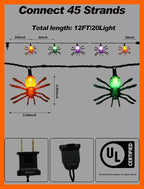 Halloween Spider Lights, 12ft 20 LED Plug in Glitter Spider String Lights, UL Certified, for Indoor Outdoor Halloween Decorations, Party, Porch, Yard