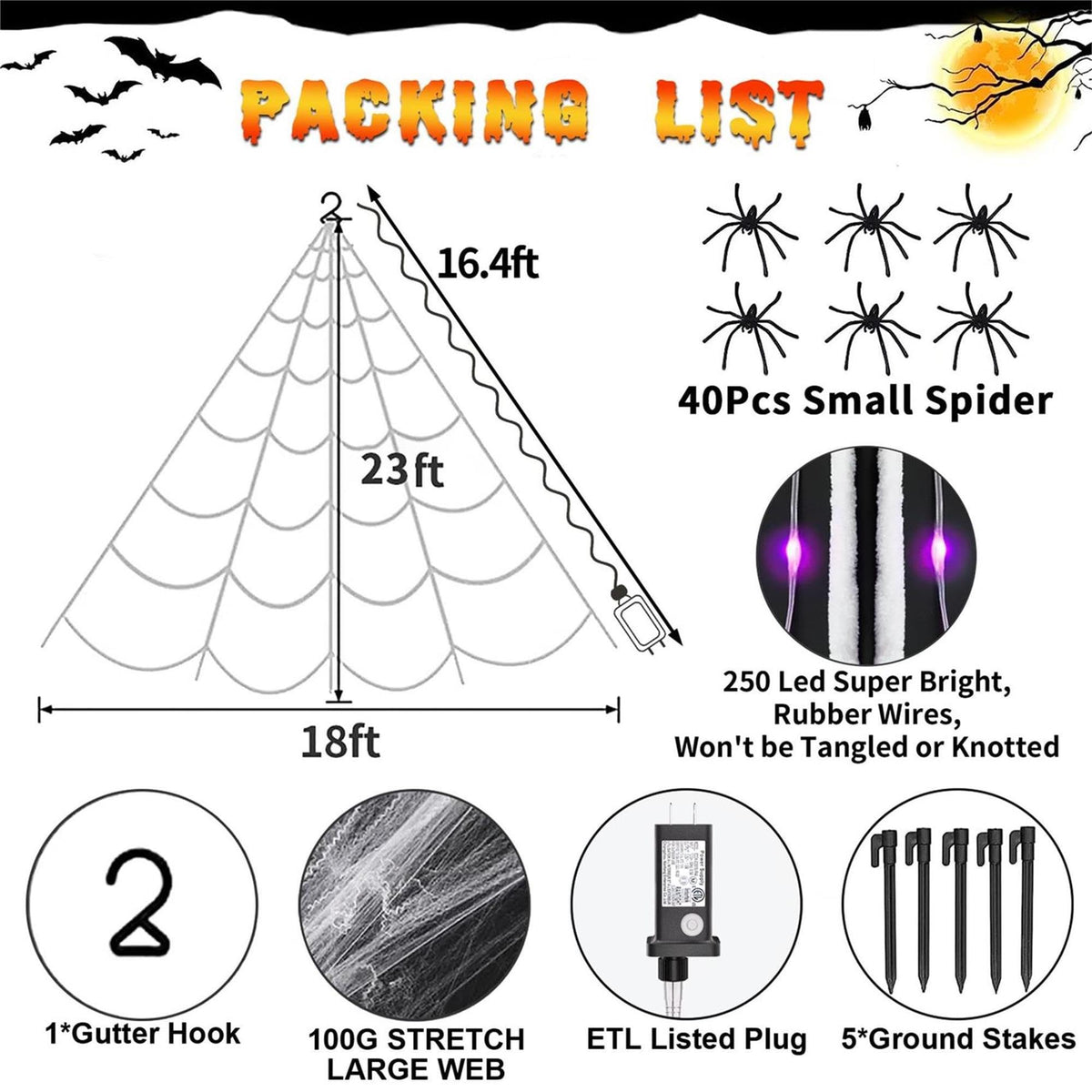 uesreaxy Halloween Decorations Outdoor, 250LED 23x18 FT Giant Spider Web with Purple Lights, Lighted Triangular Black Spider Web with Sturdy Wire, Waterproof, Timer, 8 Modes for Yard Halloween Décor