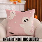 Tosleo Halloween Throw Pillow Covers 18x18 inch Set of 2 Halloween White Spooky Ghosts Embroidered Pillow Cases Thanksgiving Home Party Fall Decor Pillowcases Square Pink Velvet Cushion Covers