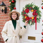 Pre-lit Christmas Wreaths for Front Door- 24 Inch Outdoor Christmas Wreath with Lights,Green Lighted Xmas Door Wreath with Pinecones,Red Flowers and Orange Berries for Holiday Decor
