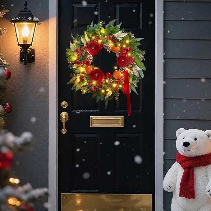 Pre-lit Christmas Wreaths for Front Door- 24 Inch Outdoor Christmas Wreath with Lights,Green Lighted Xmas Door Wreath with Pinecones,Red Flowers and Orange Berries for Holiday Decor
