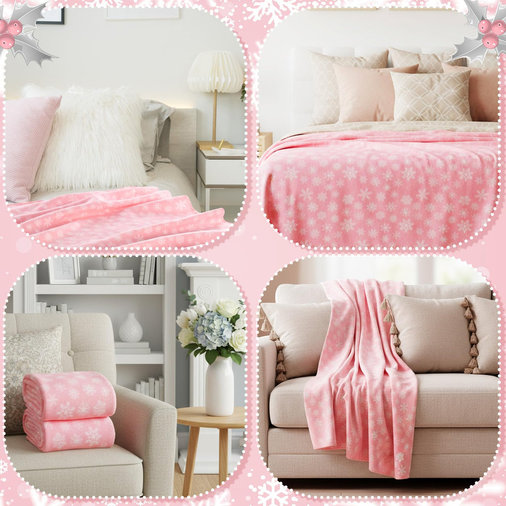 Moukeren 24 Pcs Christmas Snowflake Throw Blanket Bulk, 59 x 47 Inch Xmas Winter Throw Blanket Christmas Warm Soft Cozy Fleece for Home Bedding Couch Chair Gift (Pink)