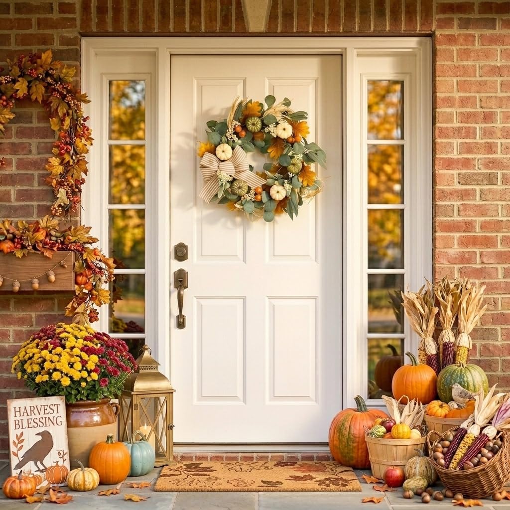 Valery Madelyn Fall Wreaths for Front Door Outside, 20'' Farmhouse Autumn Door Wreath with Lights White Pumpkins Bow, Outdoor Fall Decorations for Home Porch Thanksgiving Harvest Table Centerpiece