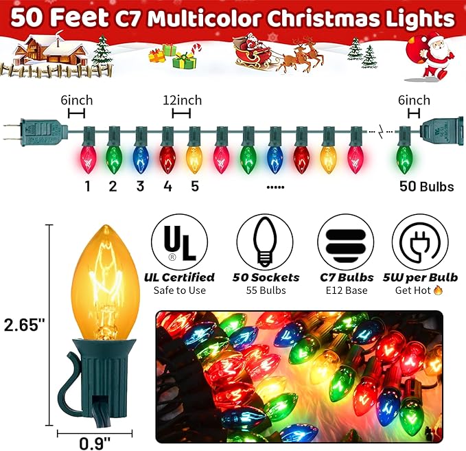 50Ft Multicolor C7 Vintage Christmas Lights String Colored Christmas Tree Lights with 50 + 5 Pack E12 Color Bulbs, for Light up Christmas Tree Home Stair Yard Indoor Outdoor Christmas Decorations, 5W