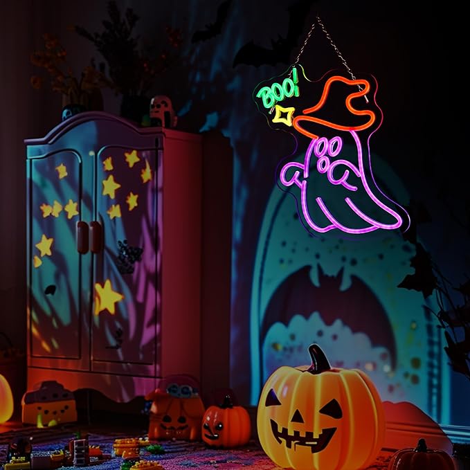 Halloween Ghost Neon Sign for Wall Window Decor, BOO Neon Signs for Halloween Party Decorations, USB Powered Little Ghost LED Lamp for Bedroom Club Bar