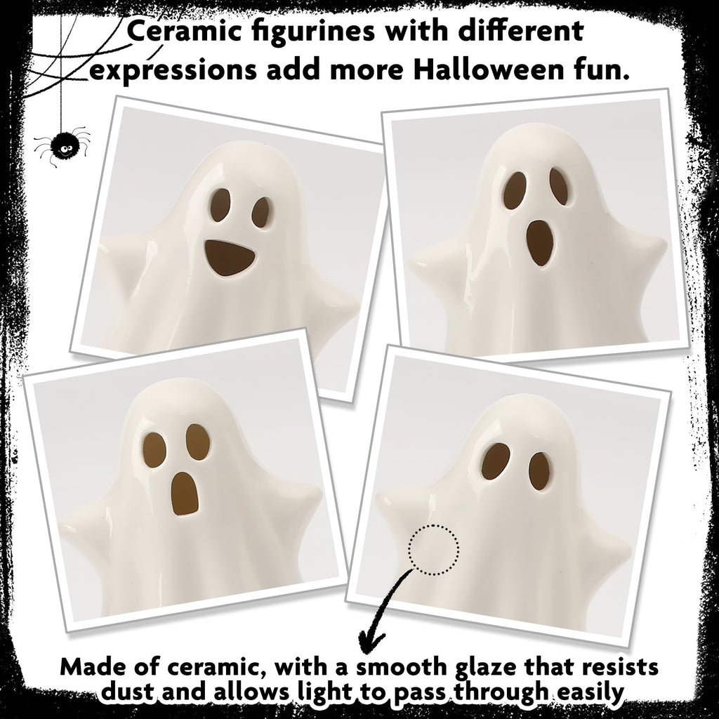 4PCS Ceramic Ghost Light Up Decor, Cute Ghost Halloween Decor, Small White Ghost Figurine Timer Led Ghost Figurines for Desk Tabletop Centerpieces，Halloween Decoration Indoor