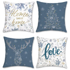 Bonhause Winter Throw Pillow Covers 18 x 18 Inch Home Sweet Home Snowflake Xmas Tree Deer Blue Grey Christmas Decorations Pillows for Sofa Couch Winter Decor Set of 4