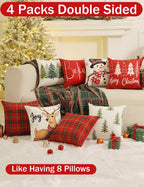 TOYPOPOR Christmas Decorations, Double Sided Plaid Throw Pillow Covers 16x16 Inches Set of 4, Christmas Tree, Snowflakes, Merry Christmas, Snowman Reindeer Winter Holiday Pillowcase for Sofa Couch