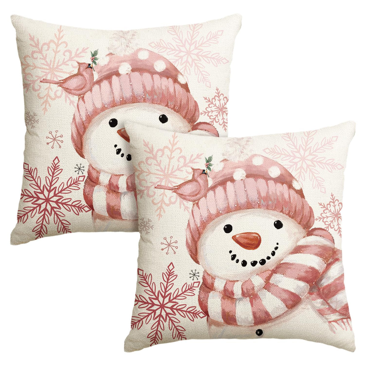 AVOIN colorlife Winter Snowman Snowflake Bird Throw Pillow Covers Set of 2, 18 x 18 Inch Pink Seasonal Christmas Holiday Cushion Case Decoration for Sofa Couch