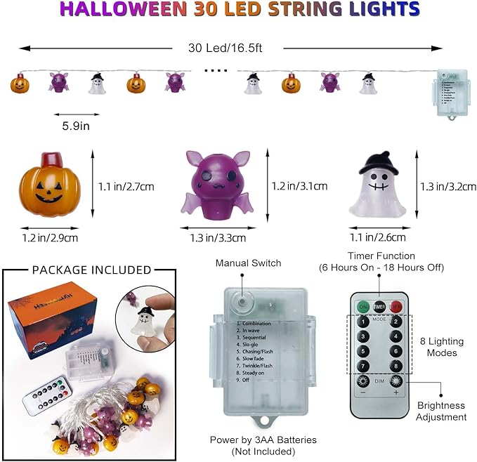 Halloween Lights Decorations, 16.4 FT 30 LED Pumpkin Bat Ghost Spooky Battery Operated Cute Orange and Purple String Lights Cozy Remote Timer 8 Lighting Modes Twinkle Indoor Outdoor Window Porch Decor