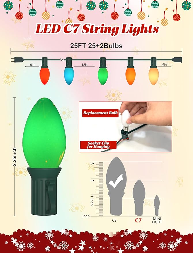 C7 LED Multicolor Christmas Lights 25Ft Outdoor Vintage String Lights with 27 Multicolor LED Bulbs, Connectable Xmas Tree Lights for Xmas Backyard Carnival Patio Wedding Holiday Decoration