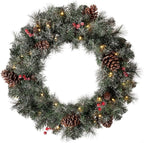 Glitzhome 24" D Pre-Lit Glittered Pine Cone Christmas Wreath with Warm White LED Lights and Timer for Front Door Wall Window Party Decor