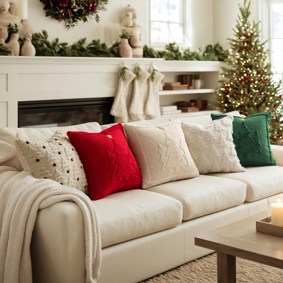 MIULEE Christmas Trees Pillow Covers Set of 2 Decorative Soft Throw Pillows Plush Faux Fur Wool Embroidered Couch Cushion for Holiday Winter Home Decor Chair Sofa Bedroom Living Room,Beige 18x18inch
