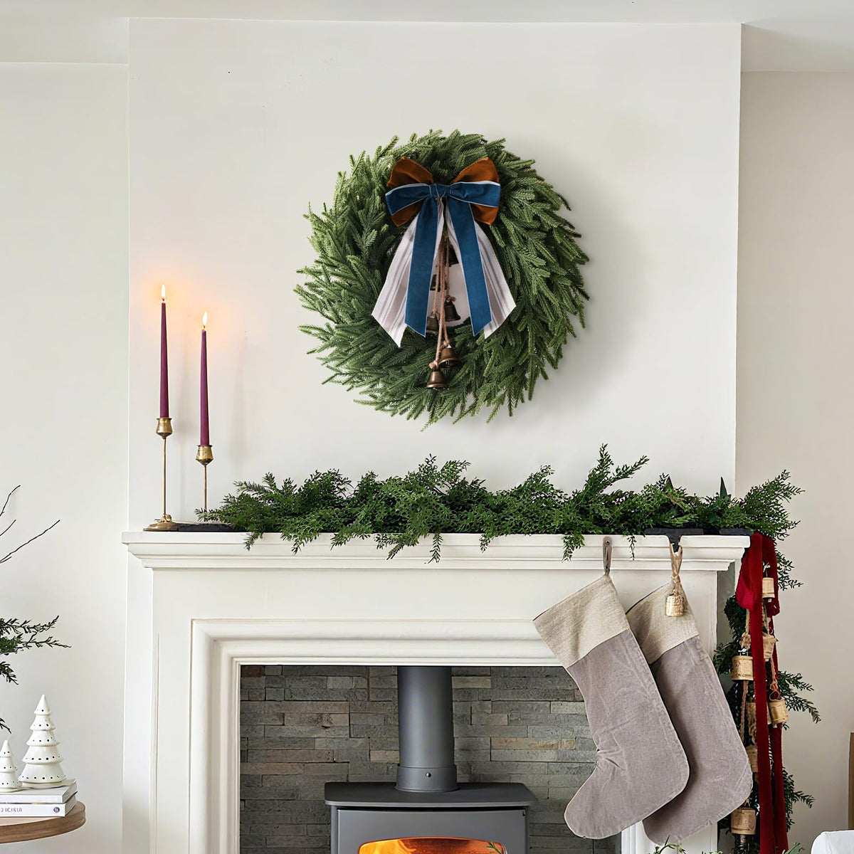 Christmas Decorations - 22 Inch Norfolk Pine Christmas Wreath with Bells and Ribbon - Artificial Pine Greenery Winter Wreath for Home Table Wall Window Porch Door Indoor Outdoor Decor