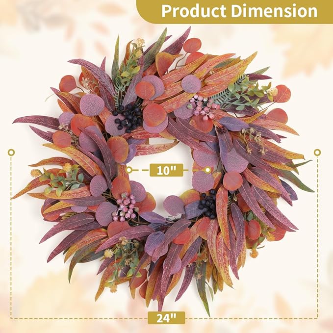 Fall Wreaths for Front Door 24 Inch, Outdoor Wreaths with Artificial Willow Leaves and Berries, Autumn Wreath for Front Door Indoor Wall Window Farmhouse Thanksgiving Halloween