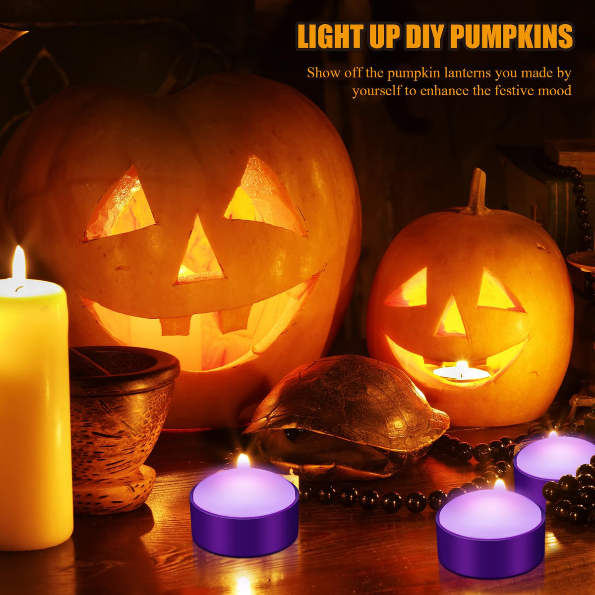 Riakrum 6 Pieces Halloween Remote Timer LED Lights with Remote Summer Halloween LED Pumpkin Lights Battery Operated Lantern Bright Flameless Candle(Purple,Purple Light)