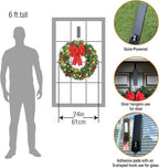 Solar Christmas Wreath 24 Inches Pre-Lit Solar 50 Led Artificial Wreath Outdoor Front Door Window Christmas Decor with Frosted Branches Pine Cones Berry Clusters Red Velvet Bows (2401)