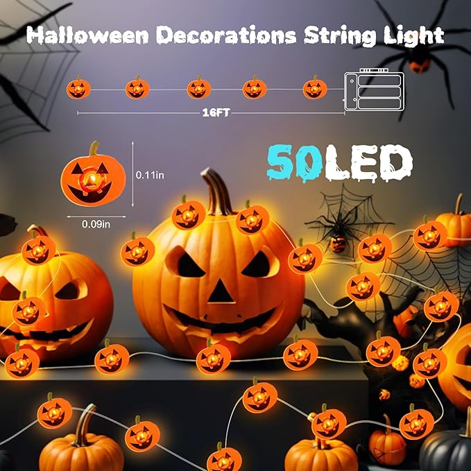 Halloween Pumpkin String Lights, 16 ft 50 LED Orange Battery Operated Lights for Lawns Garden Outdoor Holiday Party Decorations (2 Pack)