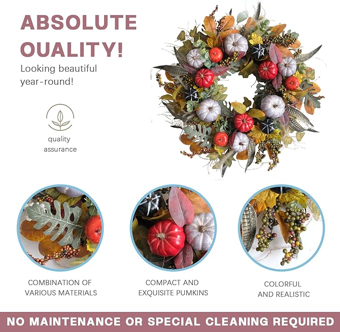TEMPUS 24 Inch Fall Wreath Artificial Pumpkin & Grain Decor - Handcrafted Harvest Thanksgiving Wreath for Front Door, Wall, Farmhouse